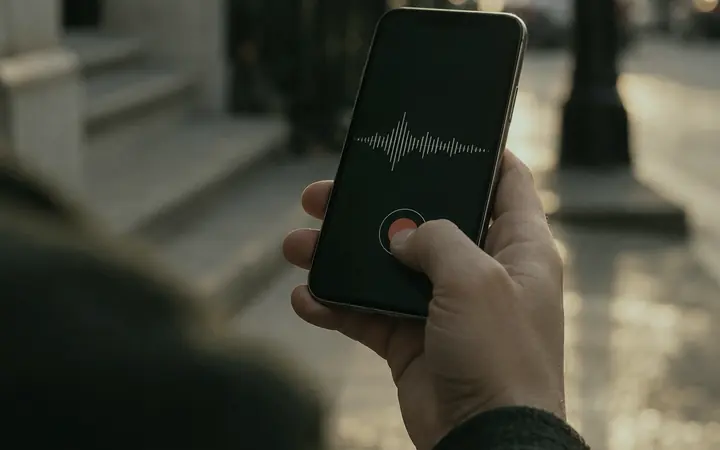 Mão segurando o celular na rua, gravando um áudio