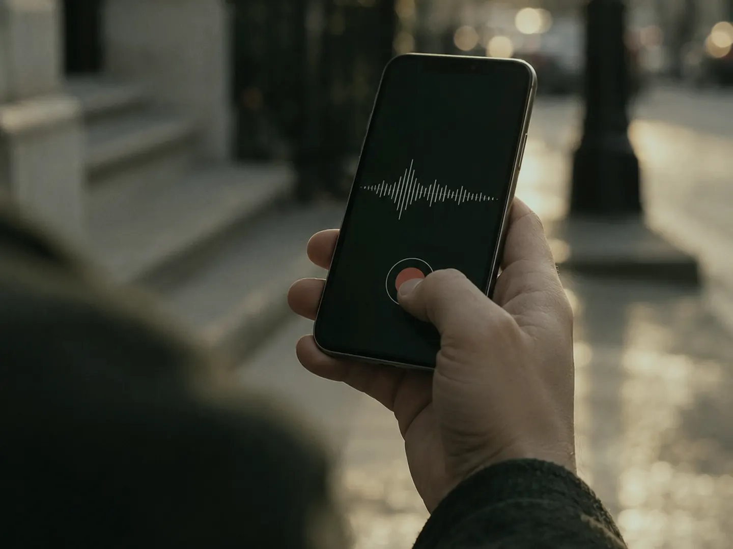 Mão segurando o celular na rua, gravando um áudio