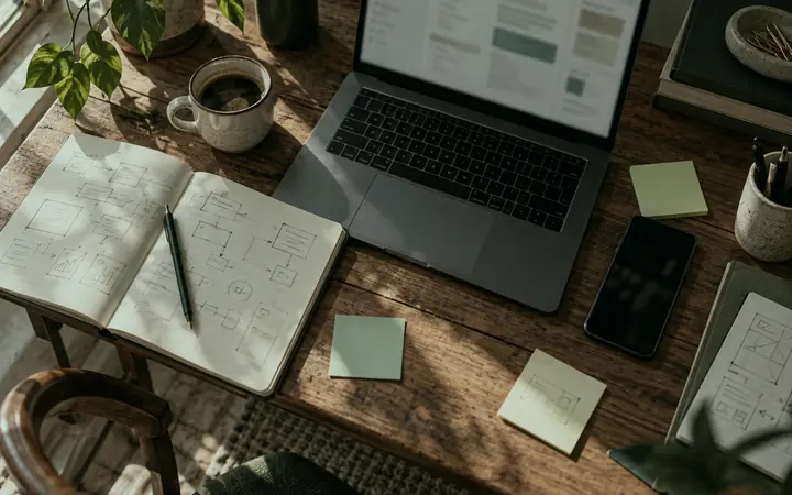 Mesa de trabalho com notebook, caderno de anotações e lembretes colados
