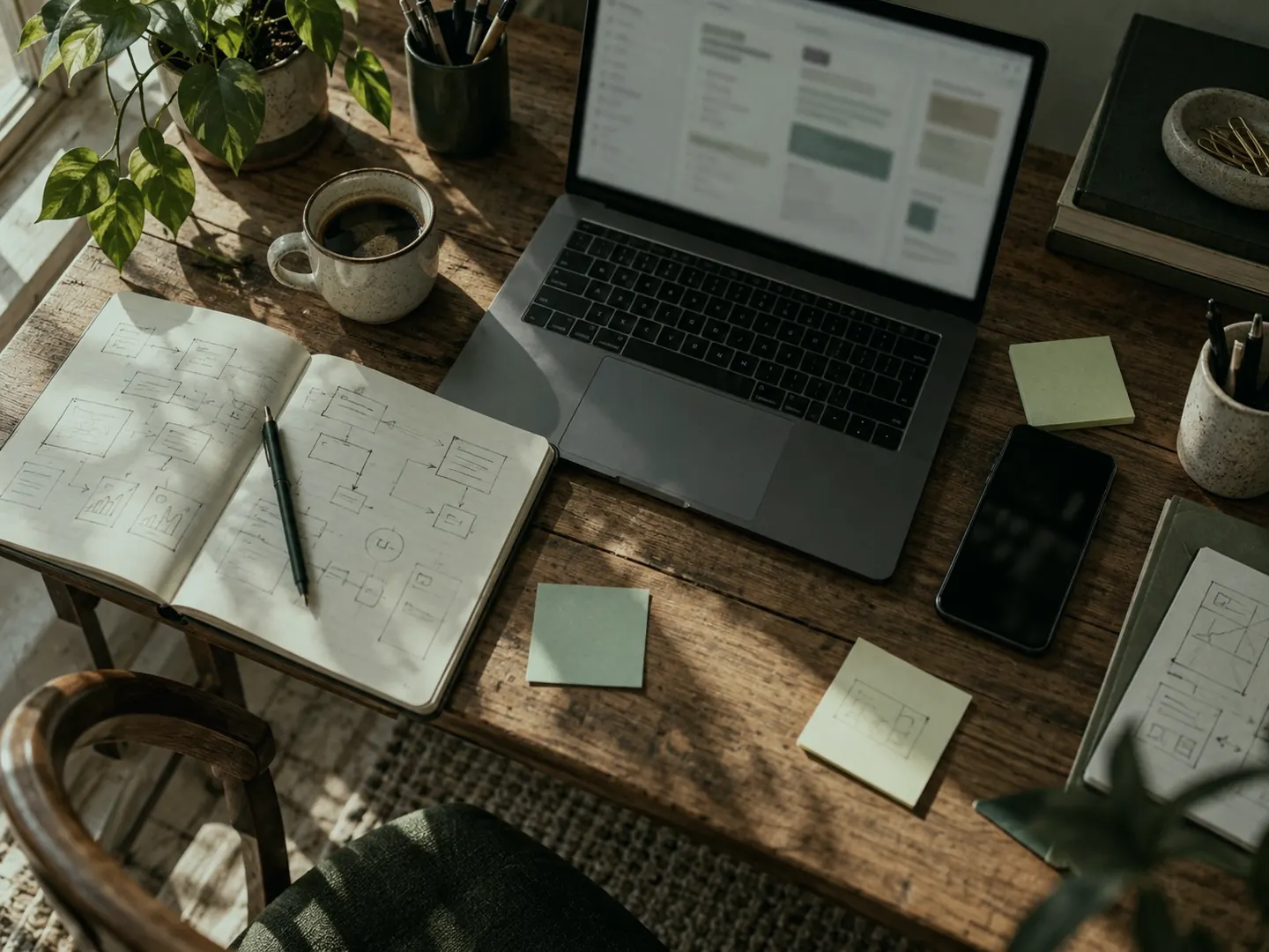 Mesa de trabalho com notebook, caderno de anotações e lembretes colados