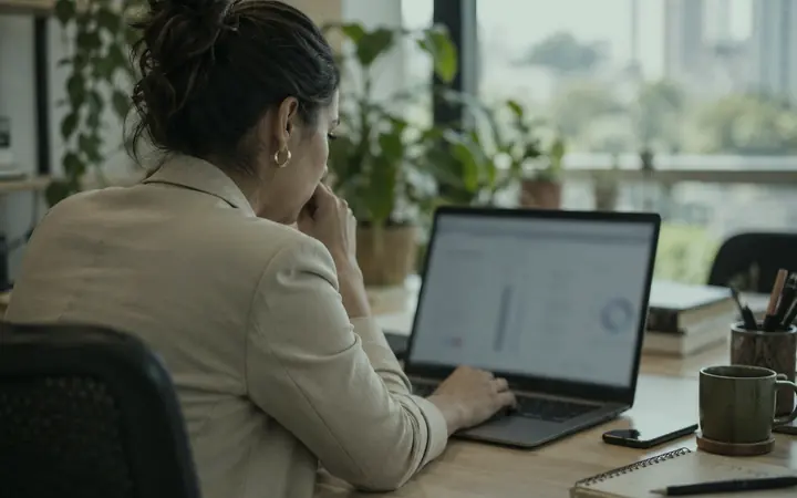 Gestora comercial analisando informações no notebook