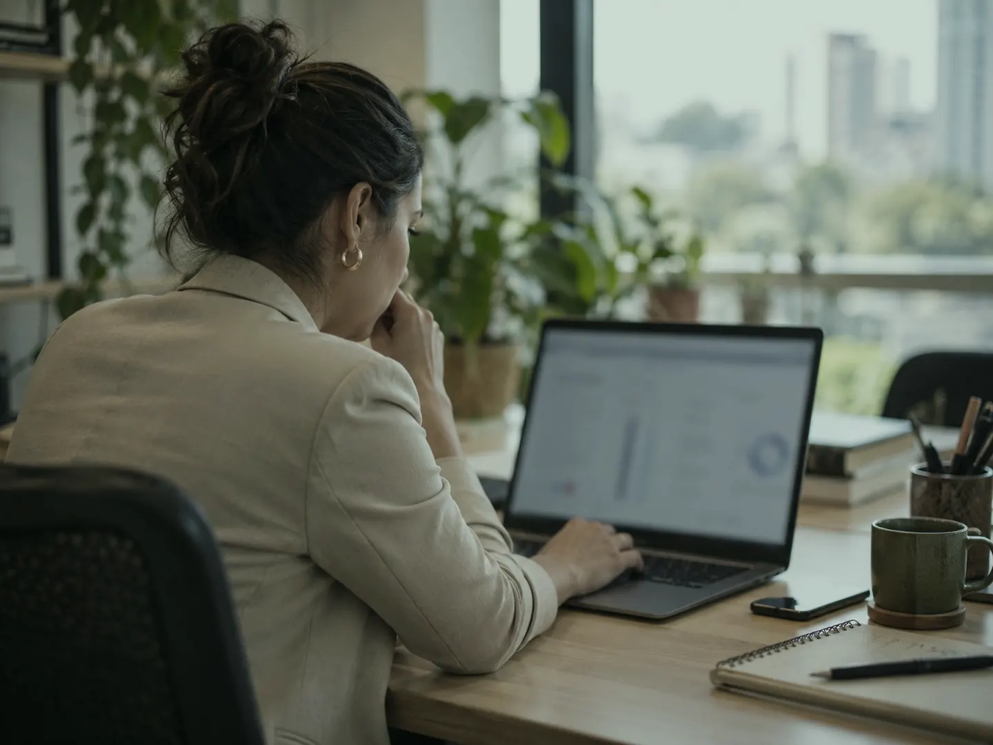 Gestora comercial analisando informações no notebook