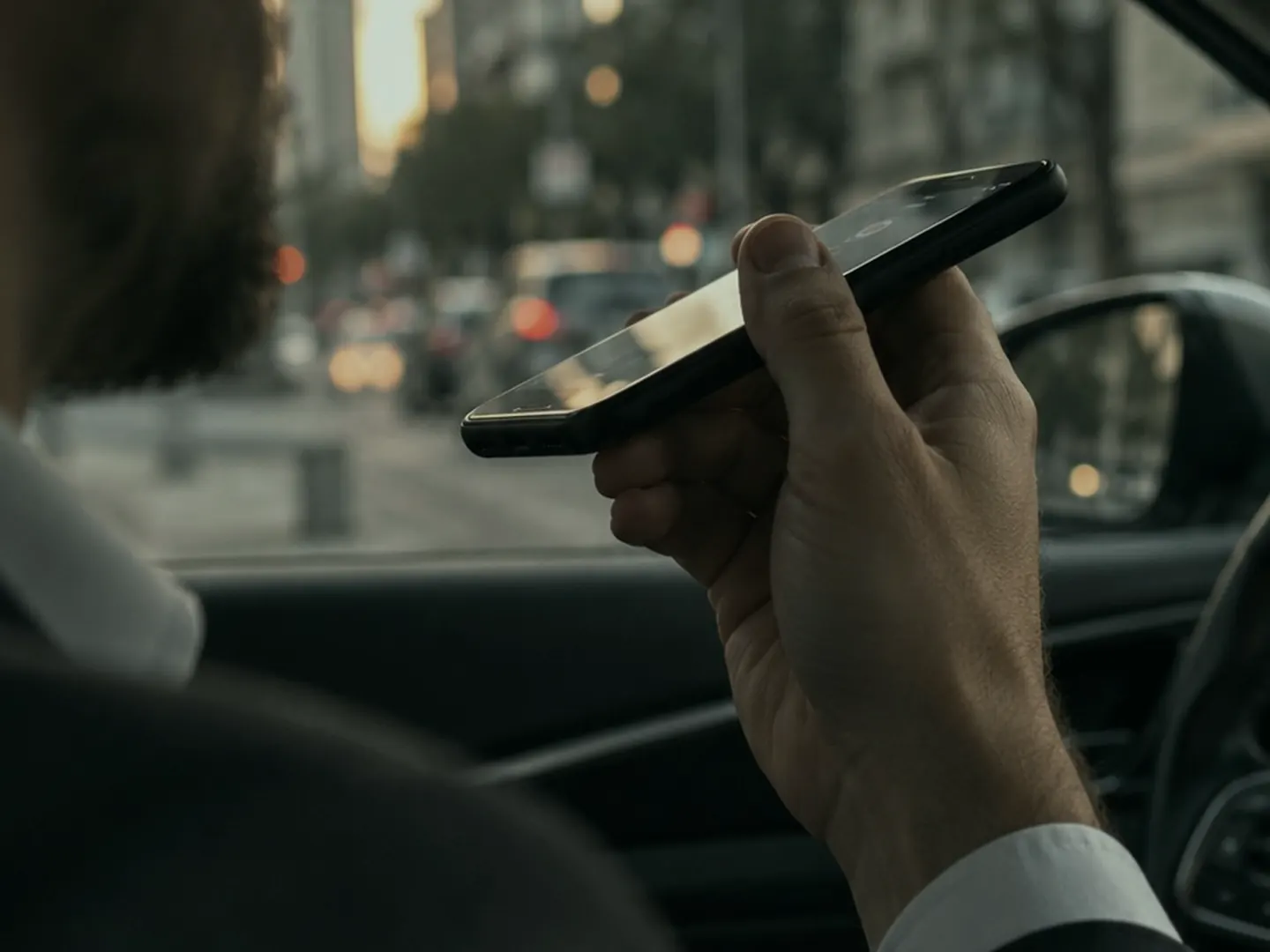 Vendedor dentro do carro, entre duas visitas, segurando o celular